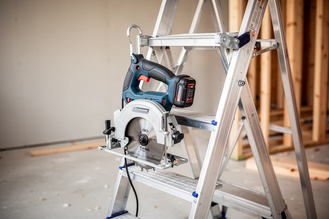 Band saw hanging from a hook on a ladder on a job site