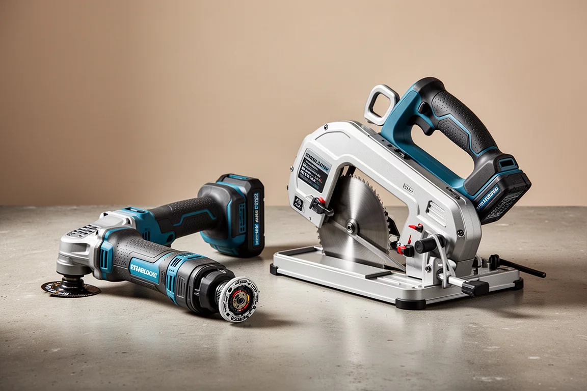 Hilti-style cordless multi-tool and wide mouth band saw on a concrete workshop surface
