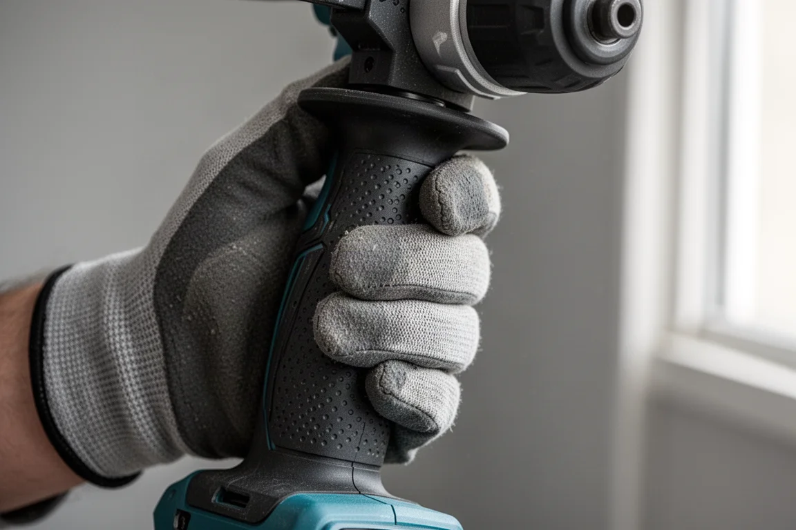 Hand hält den Griff eines Bohrhammers mit sichtbarem vibrationsdämpfenden Abschnitt