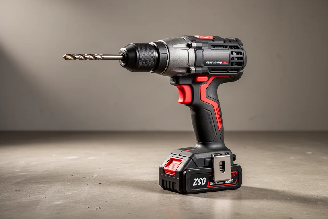 Cordless rotary hammer standing upright on a concrete workshop floor