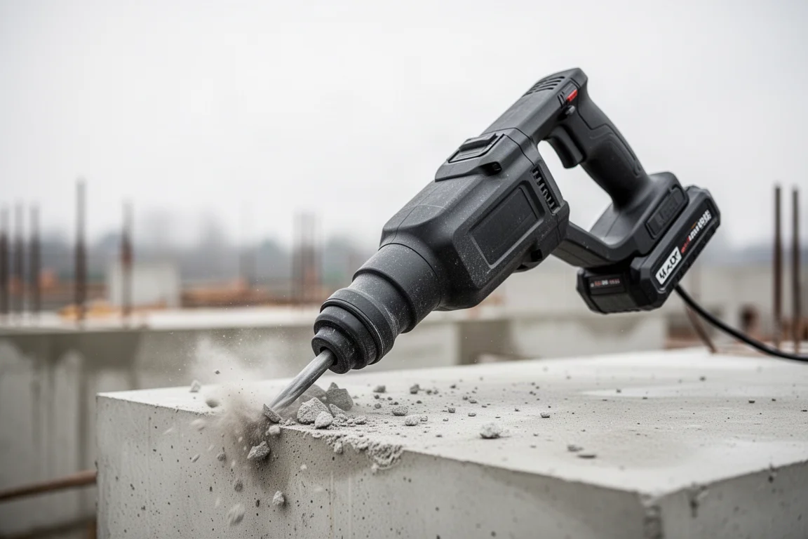 Marteau brise-béton sans fil brisant une dalle de béton à l'extérieur