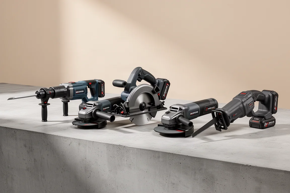 Lineup of cordless Hilti Nuron power tools on a concrete surface