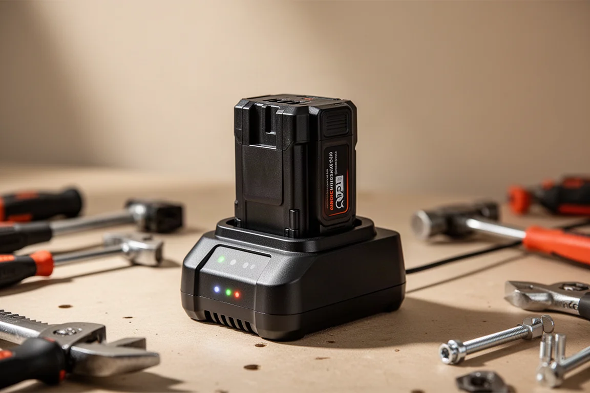 Batterie en charge sur une station dans un atelier silencieux