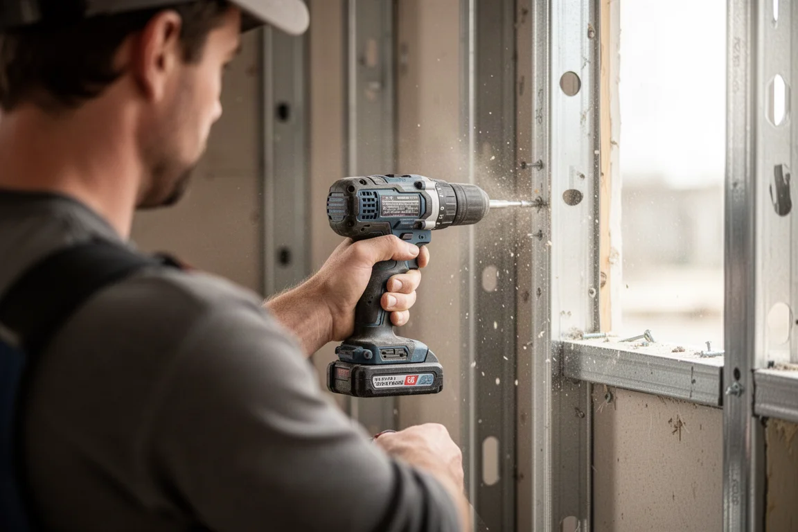 Handwerker schraubt mit einem akkubetriebenen Bohrhammer auf einer Baustelle