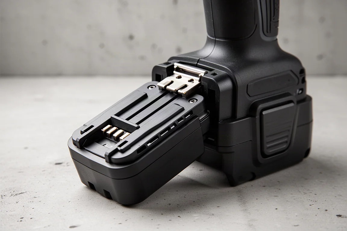 Nahaufnahme einer aufschiebbaren Batteriepacks, die sich mit einem Bohrergehäuse verbindet