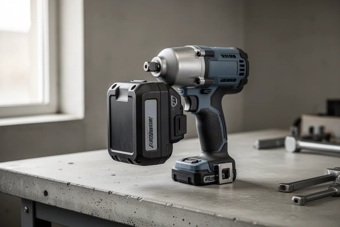 Chiave ad impulso a batteria con grande pacco batterie appoggiata su una panca di lavoro in cemento