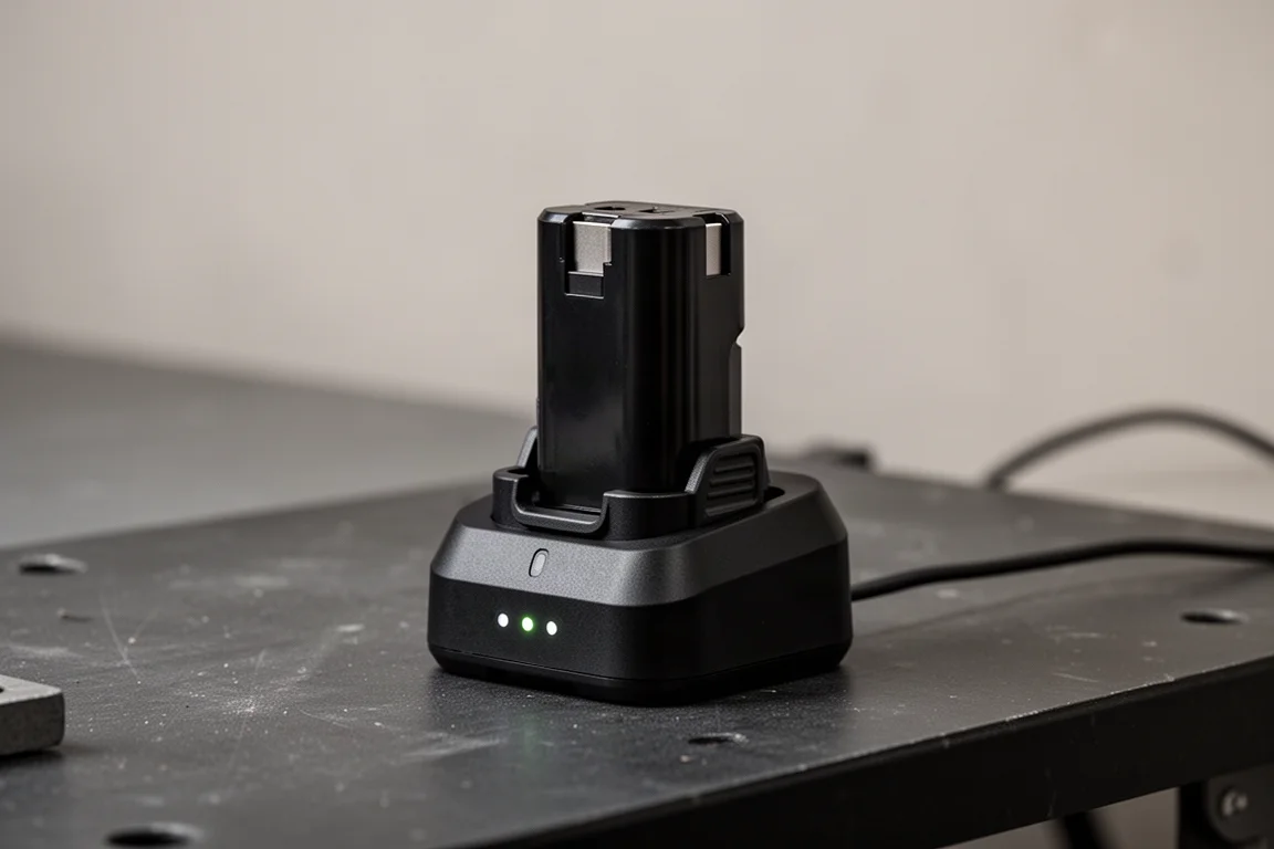 Pacco batteria al litio da 22V appoggiato su una base di ricarica con spie luminose