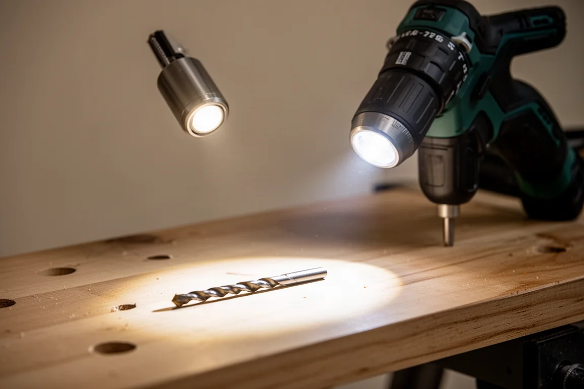 Furadeira sem fio iluminando a superfície de trabalho com um LED posicionado na base da ferramenta