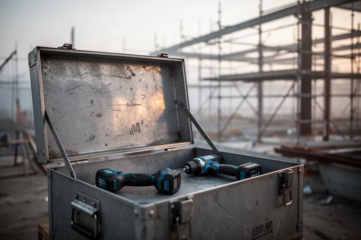 Baustelle mit in einem Werkzeugkasten verstauten Werkzeugen im frühen Morgenlicht