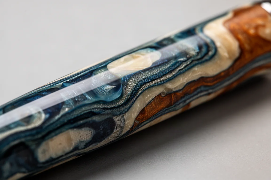 Wirbelgemustertes, mehrfarbiges Micarta-Material mit geschichteten Falten, die an Fordite erinnern