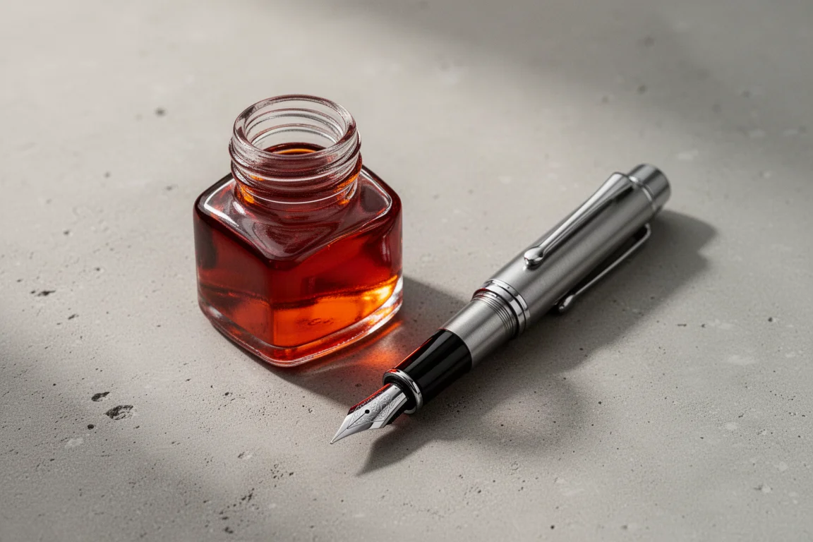Kleine 30ml-Glas-Tintenflasche neben dem Taschenfüller auf dem Schreibtisch