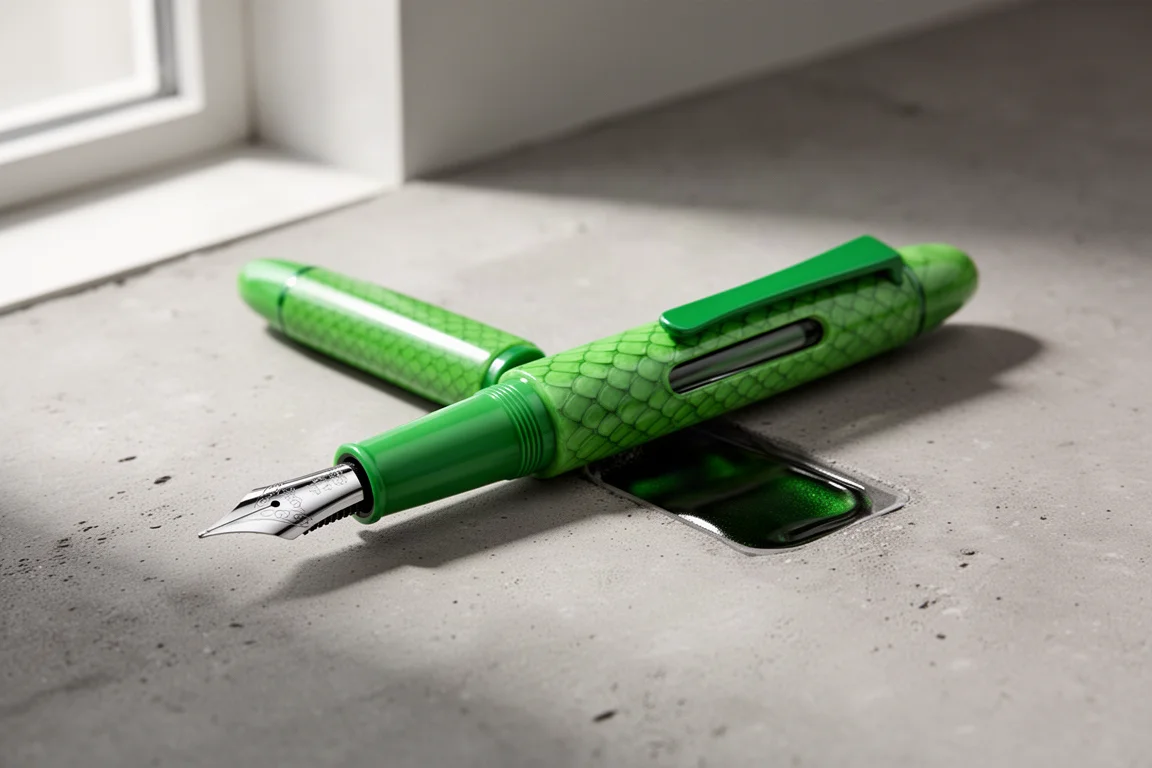 Green Juma resin fountain pen with green clip and nib on concrete surface