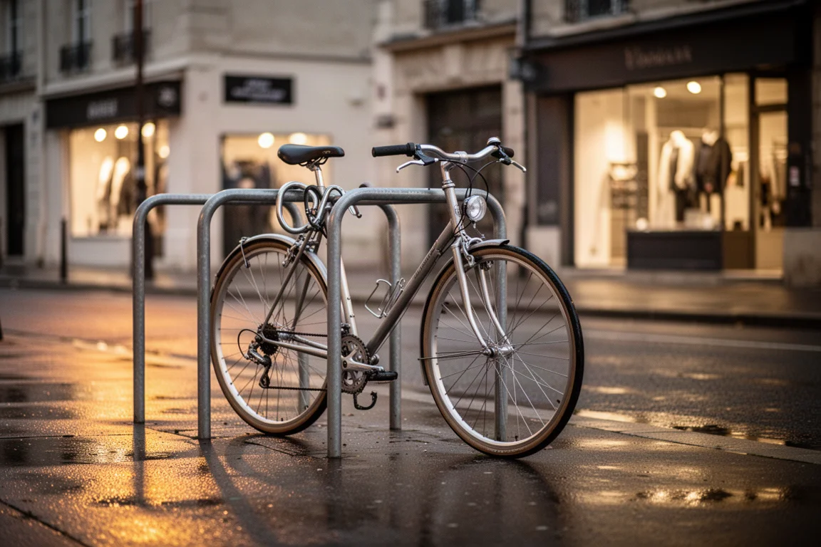 Vélo attaché à un arceau urbain au crépuscule sous un éclairage public chaud