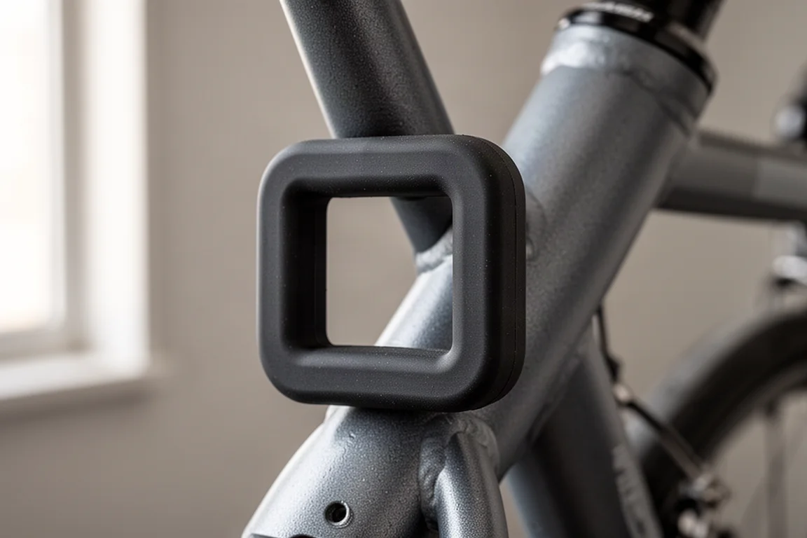 Gros plan sur un arceau d'antivol épais au revêtement caoutchouté contre un cadre de vélo