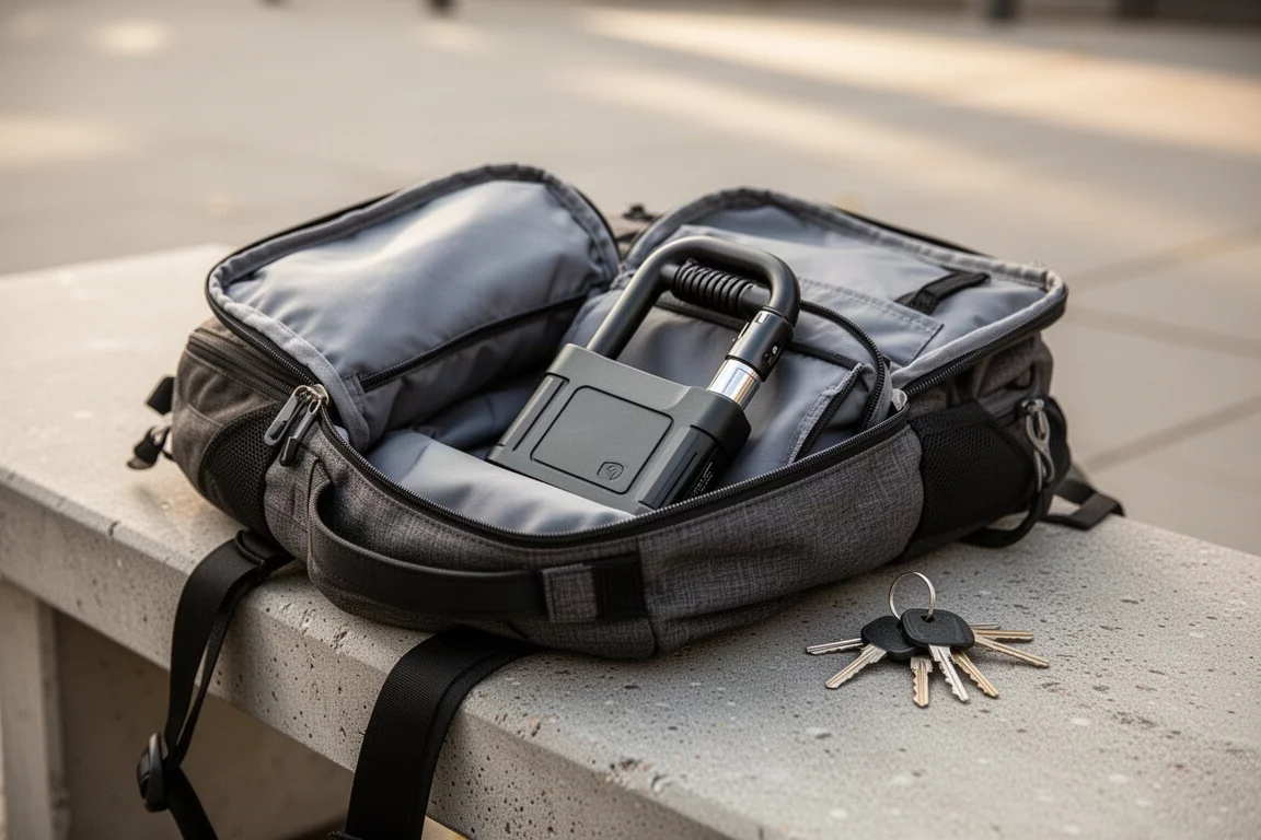 Sac à dos de navetteur ouvert sur un banc avec un antivol volumineux à l'intérieur