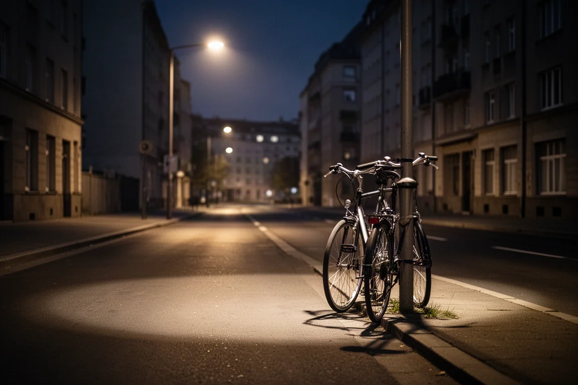Vélo attaché à un poteau de rue sous un lampadaire, la nuit