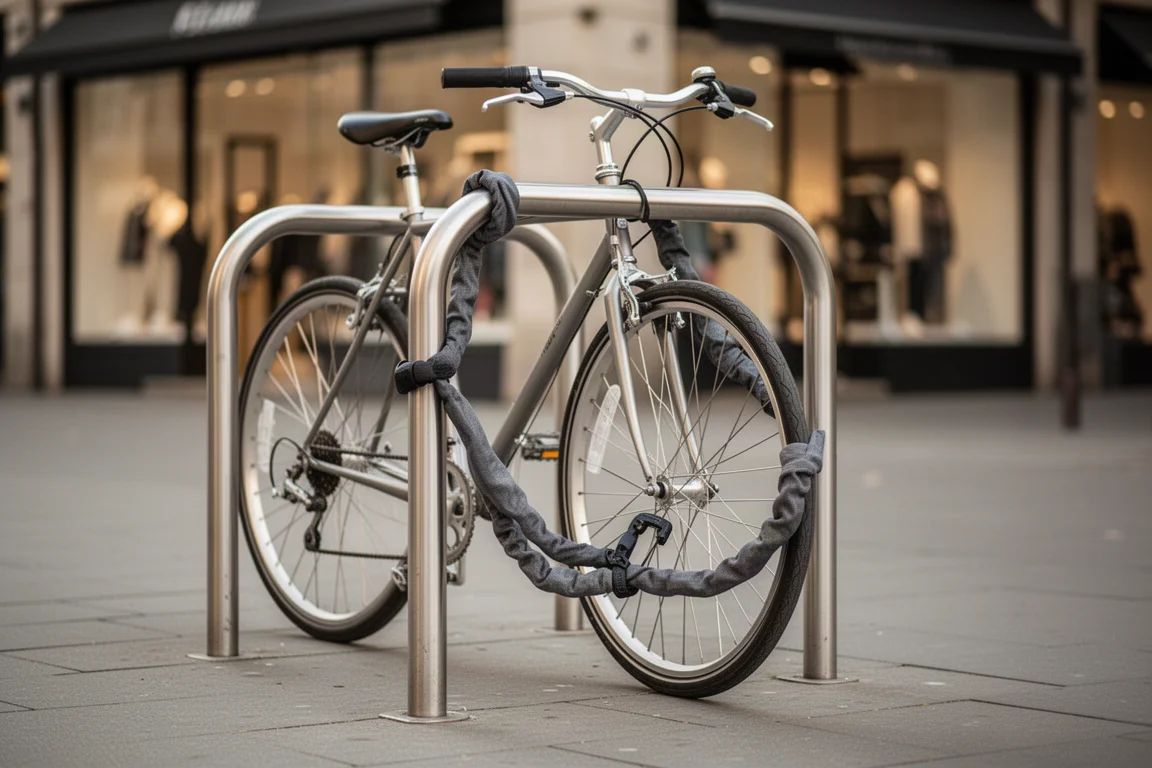 Fahrrad an einem stählernen Straßenbügel angeschlossen, mit einer durch den Rahmen geführten Kette