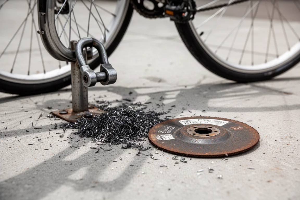 Betonboden neben einem angeschlossenen Fahrrad, übersät mit Metallspänen und einer verbrauchten Trennscheibe