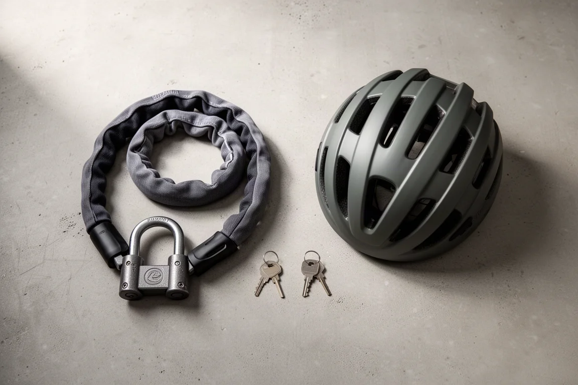 Draufsicht auf zwei Fahrradschlösser, Schlüssel und einen Fahrradhelm auf Beton