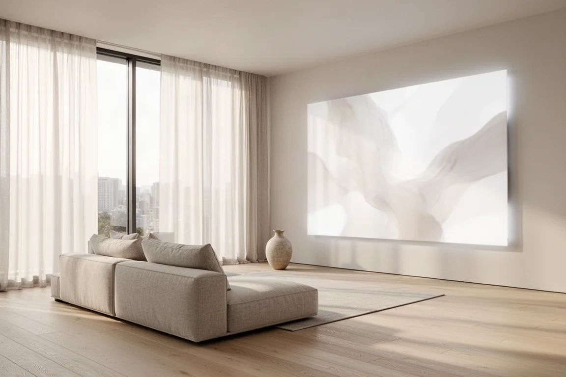 Lichte woonkamer met ramen van vloer tot plafond en een zeer grote televisie aan de muur