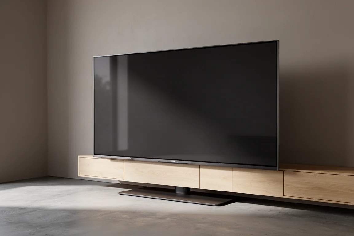 Very large flat-panel television with slim dark bezel in a minimalist living room