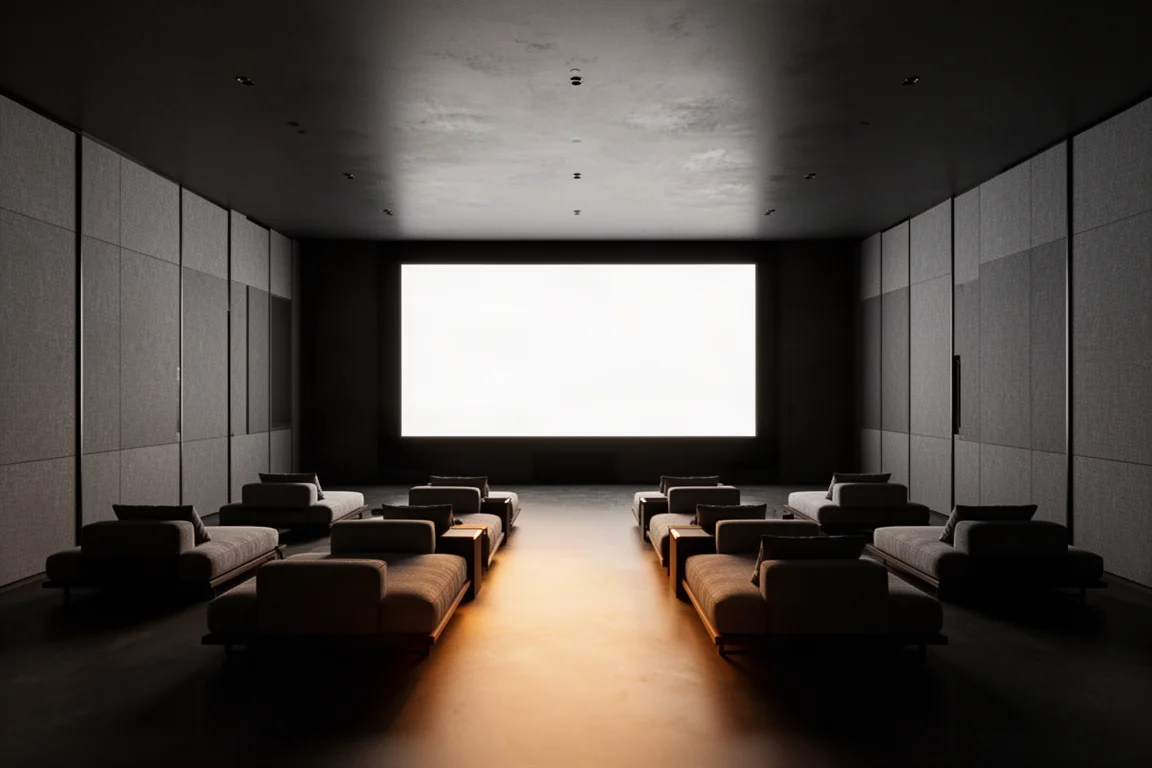 Salle de projection sombre avec sièges de salon face à un très grand écran lumineux