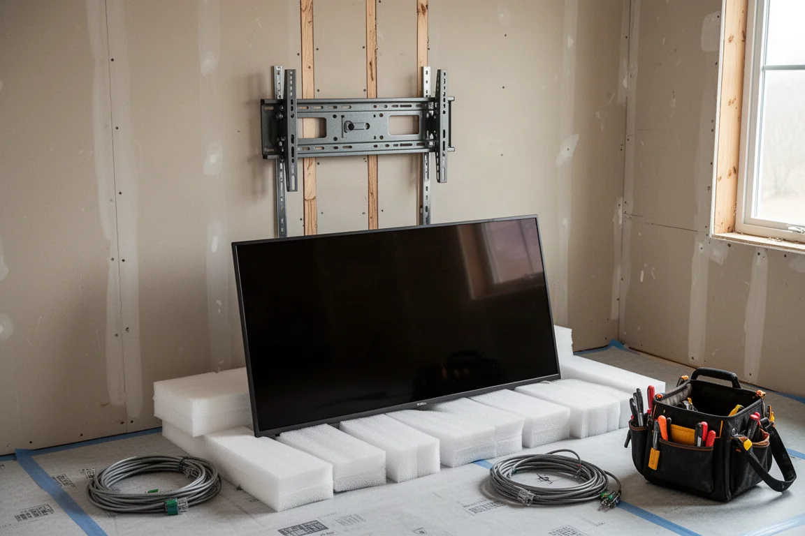 Support mural renforcé avec un téléviseur plat surdimensionné posé sur de la mousse de protection