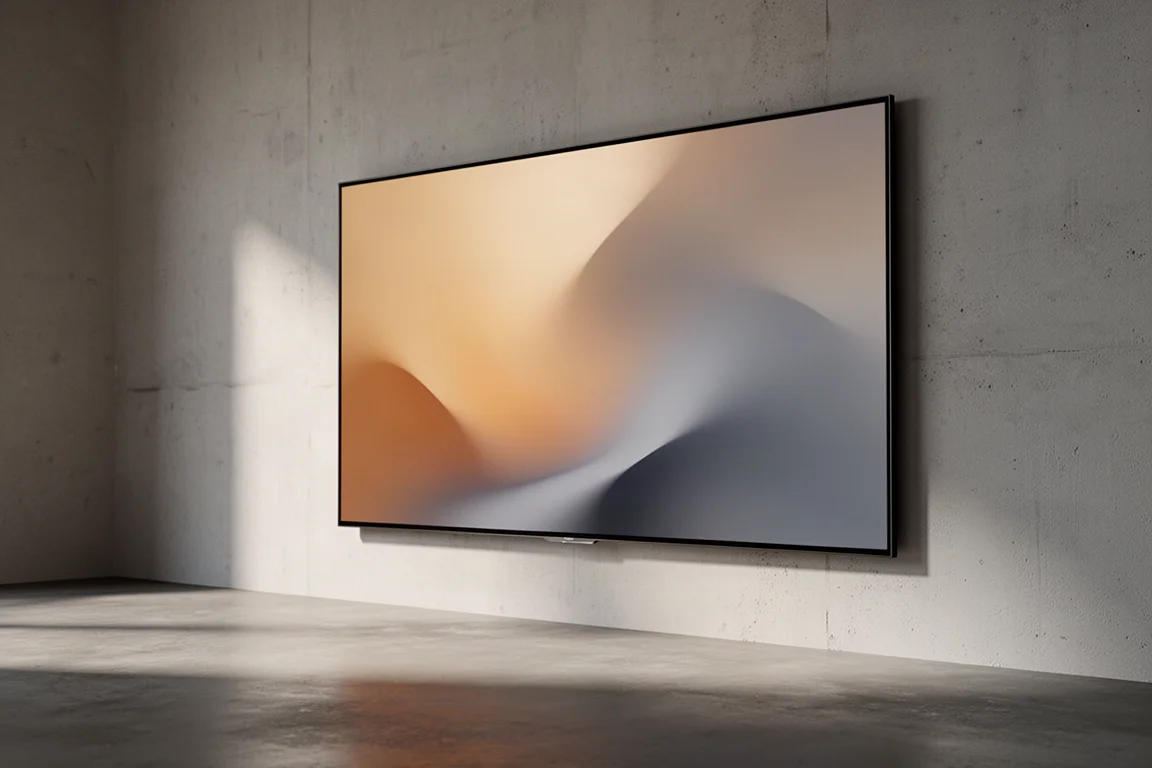 Large slim-bezel flat-panel television mounted on a pale concrete wall in a minimal room