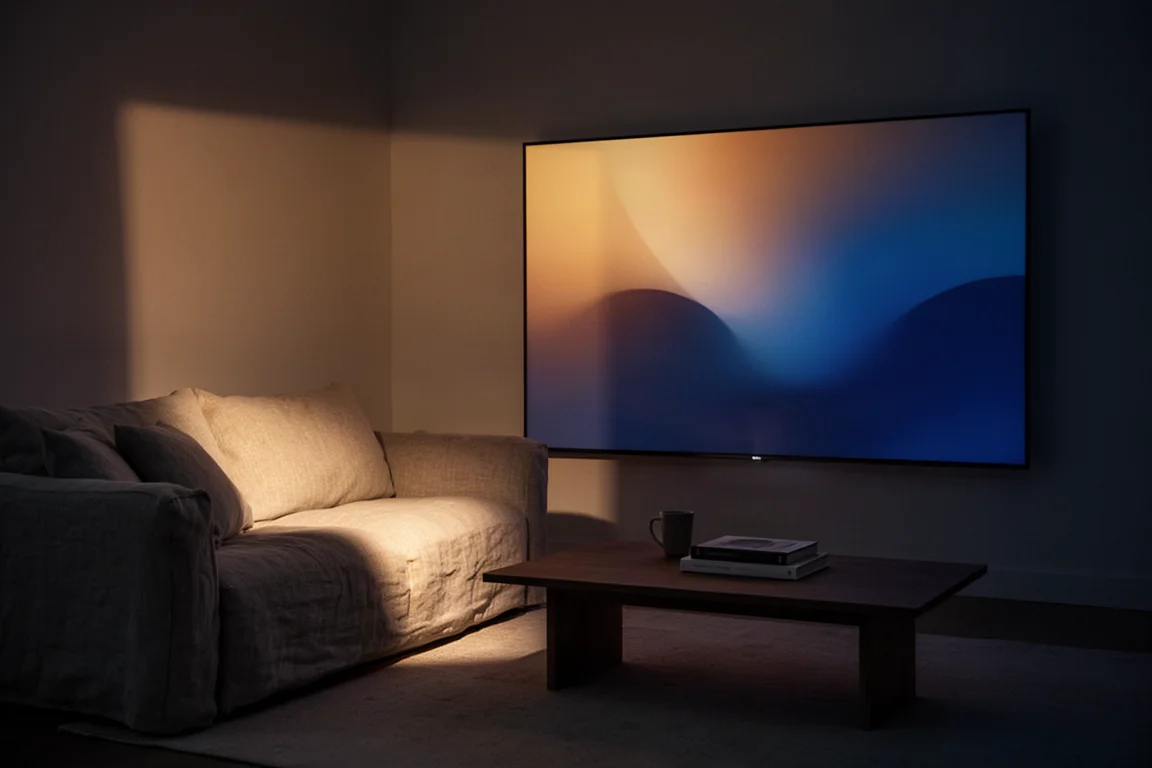 Sfeervol verlichte woonkamer met een grote televisie die warm licht op een linnen bank werpt