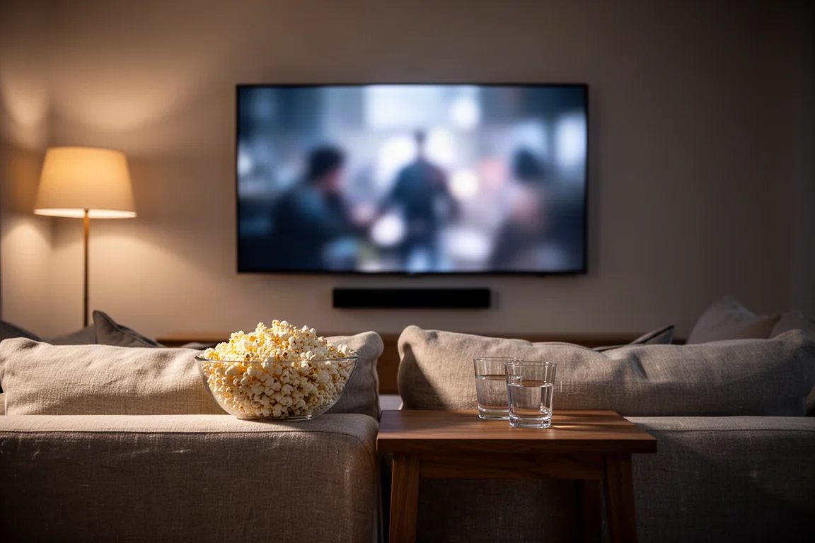 Thuisbioscoopscène gezien vanaf een bank naar een grote televisie in de schemering