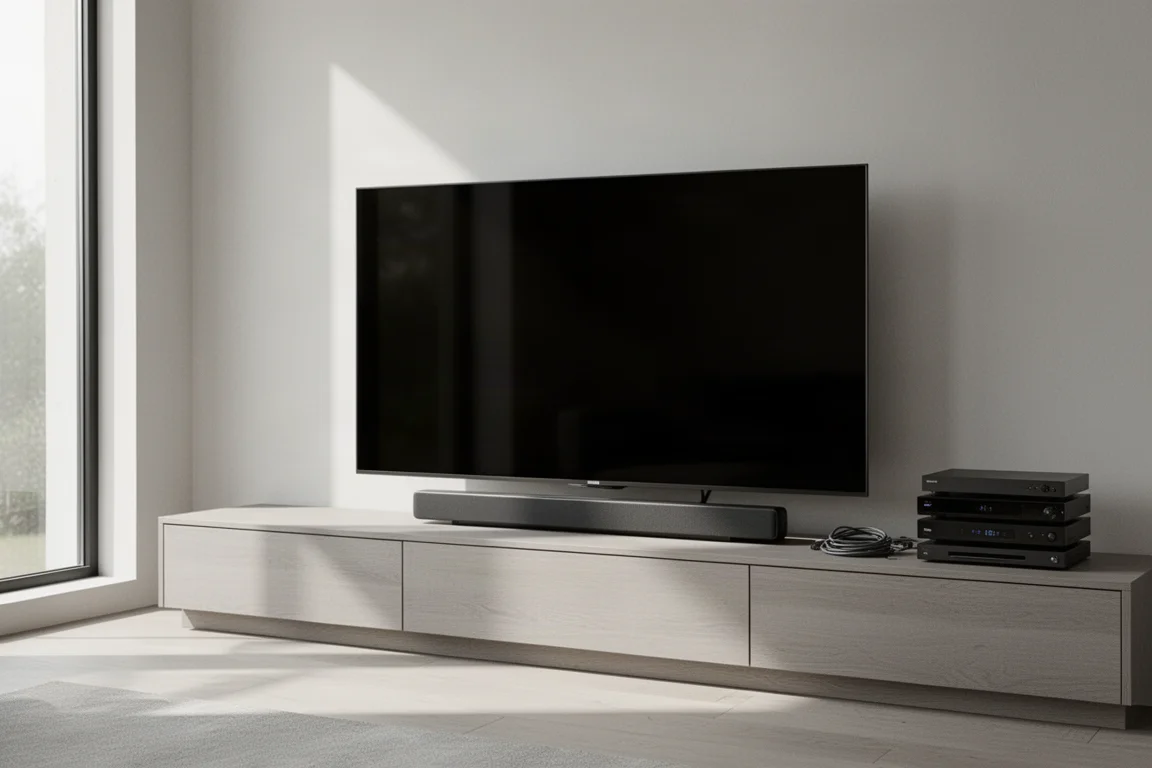 Lichte woonkamer met een grote televisie, een slanke soundbar en mediaspelers op een meubel