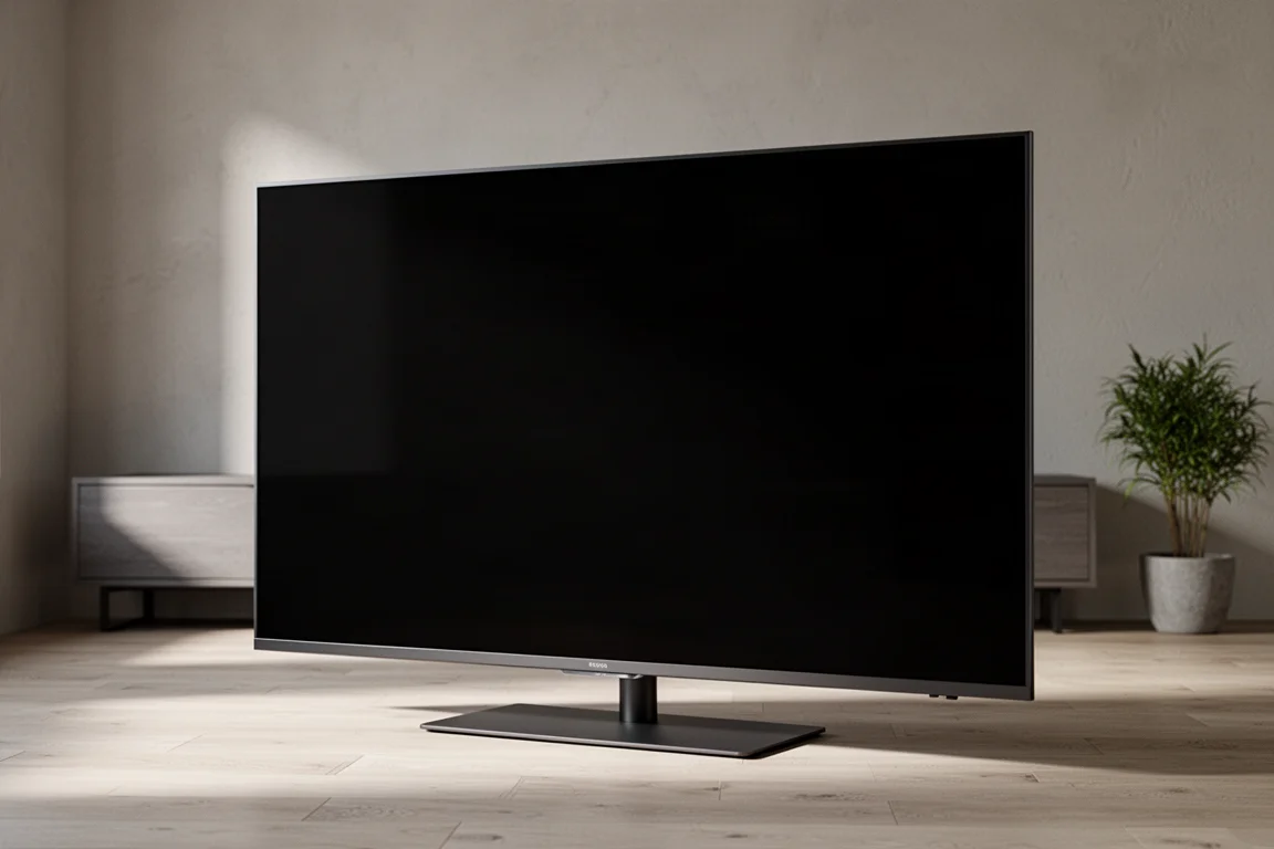 Large 85-inch flat-panel television on a slim stand in a softly lit neutral living room