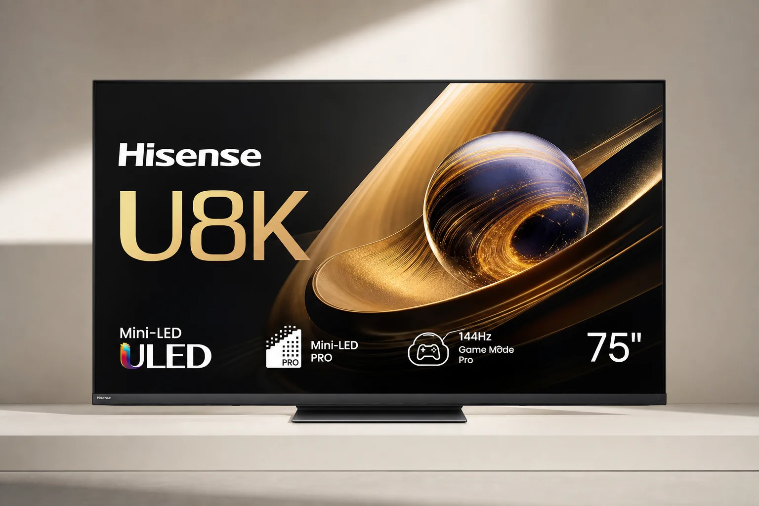 4K-Blu-ray-Player und moderner Fernseher auf einem Metallregal bei sanfter Studiobeleuchtung
