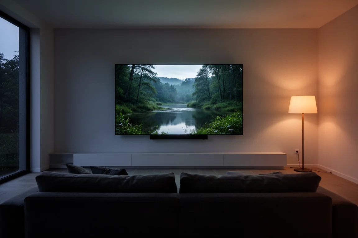 해질녘 밝은 거실에 벽걸이로 설치된 대형 TV