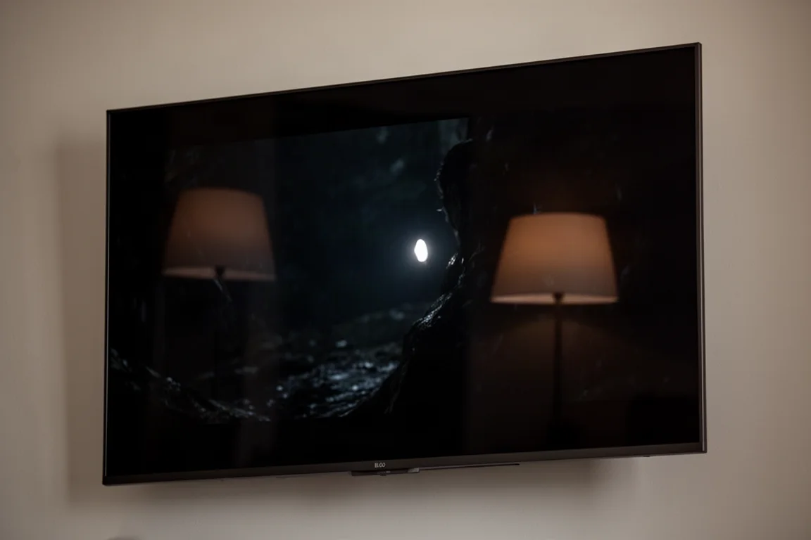 어두운 방에서 깊은 블랙 레벨을 보여주는 TV 화면 클로즈업