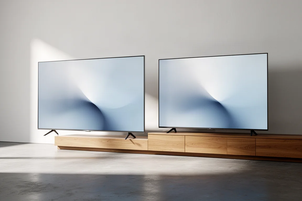 Two large flat-screen televisions side by side in a bright minimal studio