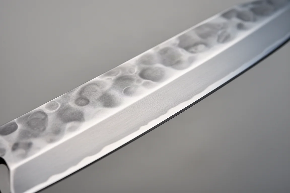 Kasumi-finish Japanese knife blade showing the misty contrast line and k-tip profile