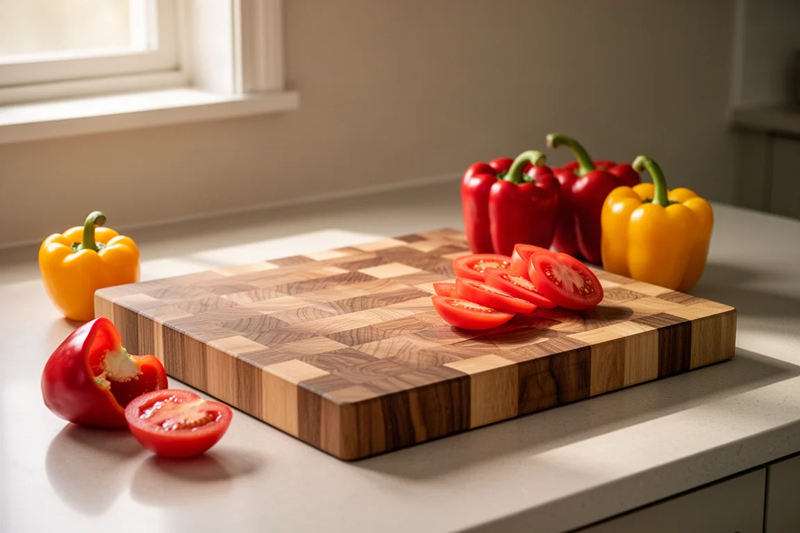 Fresh vegetables and a cutting board arranged in a home kitchen prep scene