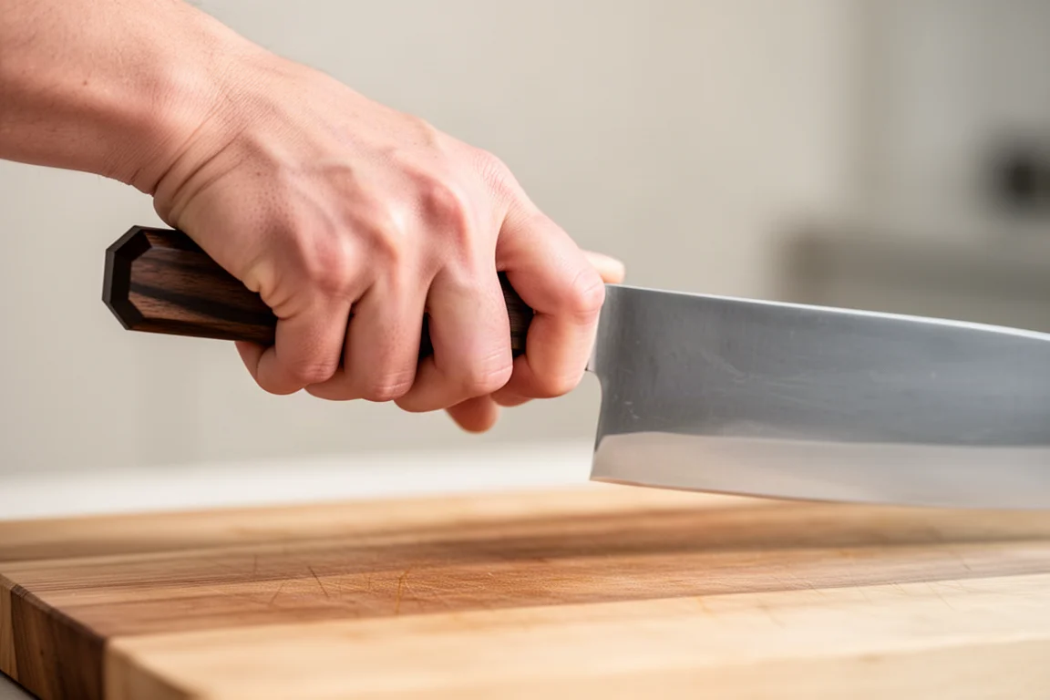Hands holding a Japanese chef knife in a comfortable pinch grip over a cutting board