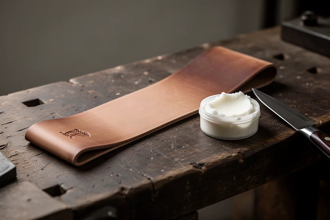 Leather strop and polishing compound used to refine a knife edge on a workbench