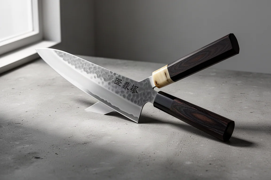 Japoński kiritsuke gyuto z wykończeniem kasumi i rękojeścią z hebanu na betonowej powierzchni