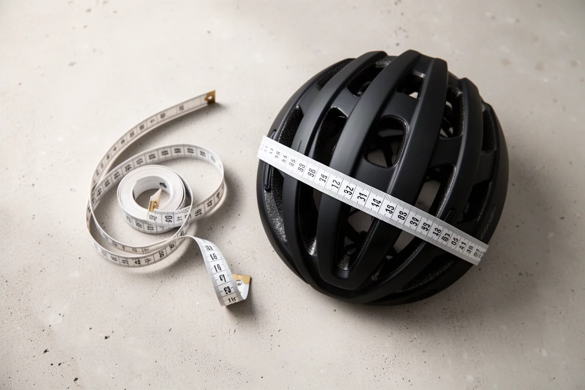 Soft tape measure coiled beside a matte black cycling helmet on a concrete surface