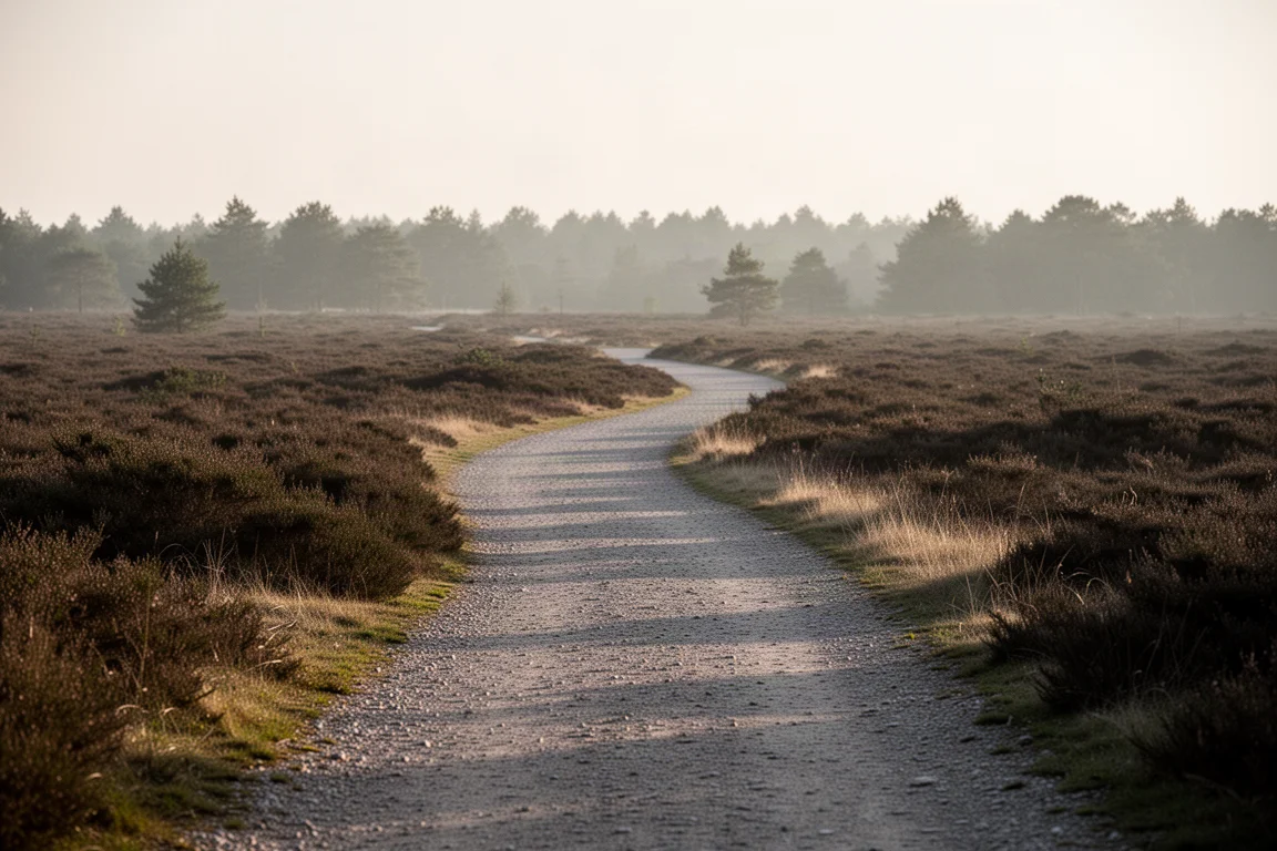 Gravel trail curving through open heathland in late afternoon light
