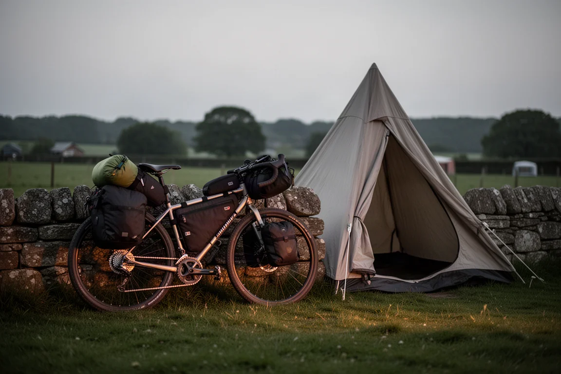 Loaded touring bicycle and small tent beside a stone wall at dusk