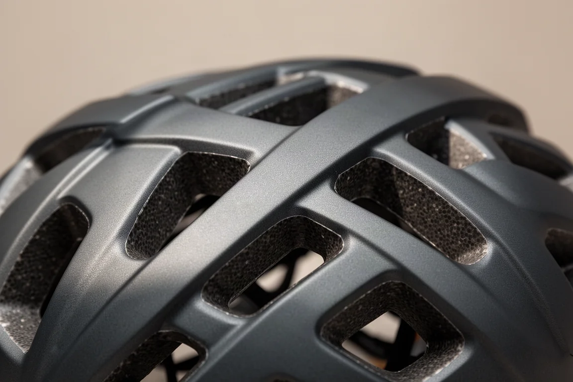 Close-up of helmet ventilation channels with internal foam visible