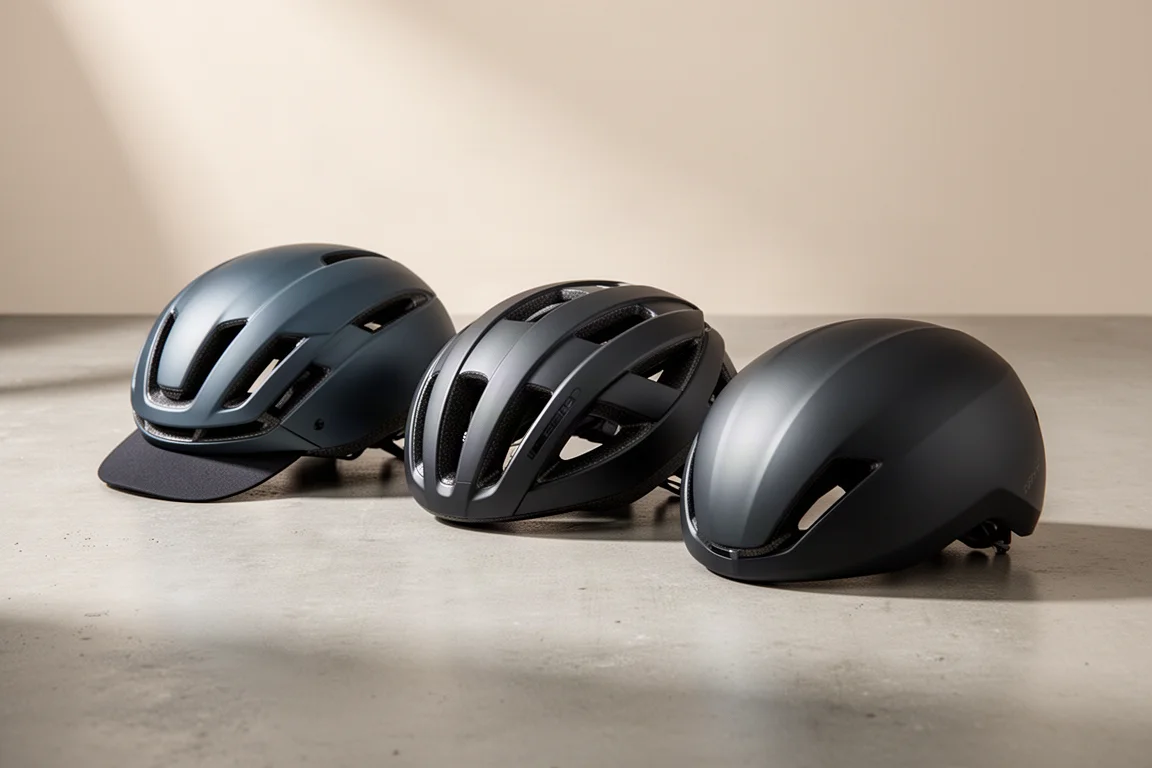 Three matte cycling helmets arranged in a row on a concrete surface