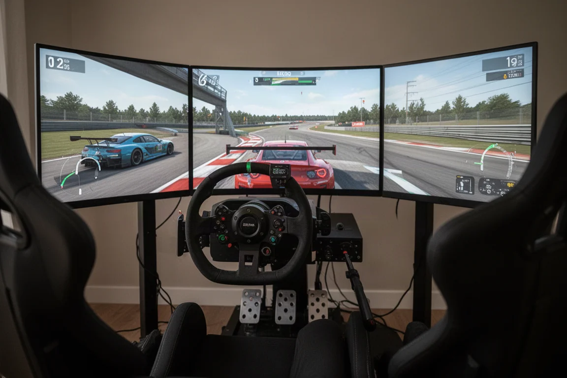 Gamer using a racing simulator with a large curved ultrawide monitor
