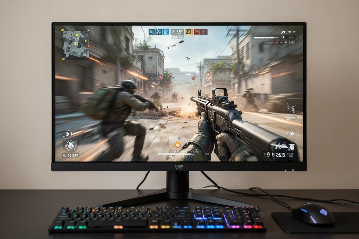Close-up of a 1000Hz esports gaming monitor displaying a fast-paced game