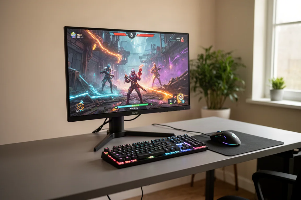 Gaming monitor on a desk with a keyboard and mouse in a modern setup