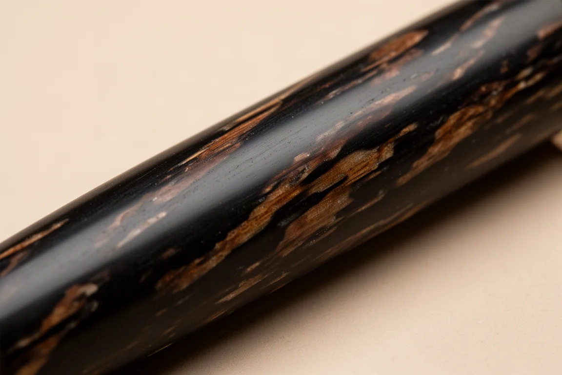 Gros plan sur un corps de stylo en ébonite montrant son motif marbré strié caractéristique